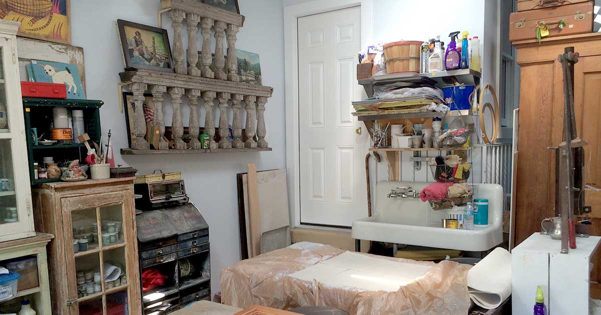 An entire art studio created with Community Forklift finds — including a kiln!