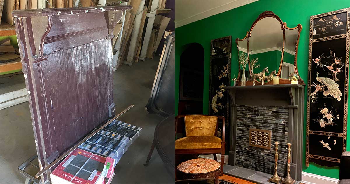 Living Room renovation features a faux fireplace made with salvage
