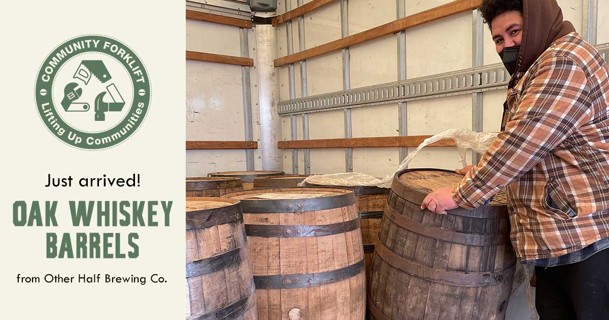 Just arrived at the reuse warehouse: 53-gallon oak whiskey barrels!