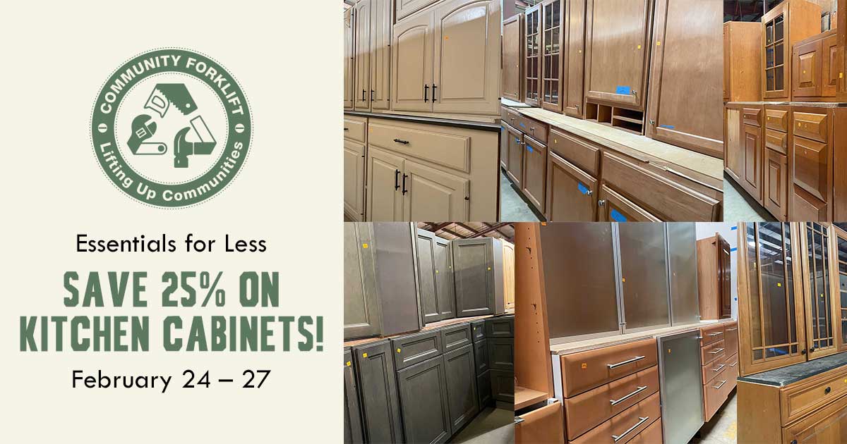 Kitchen cabinets for less: Sets and singles are 25% off at the reuse warehouse!