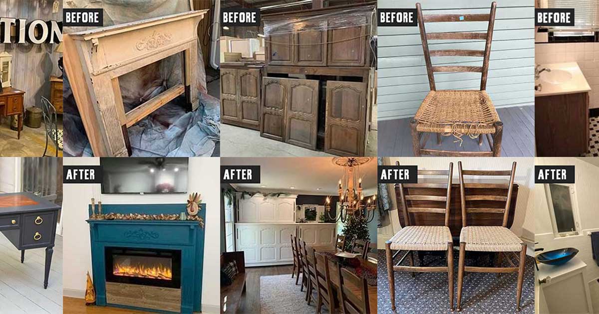 Before & After: Salvaged materials for a fireplace and furniture