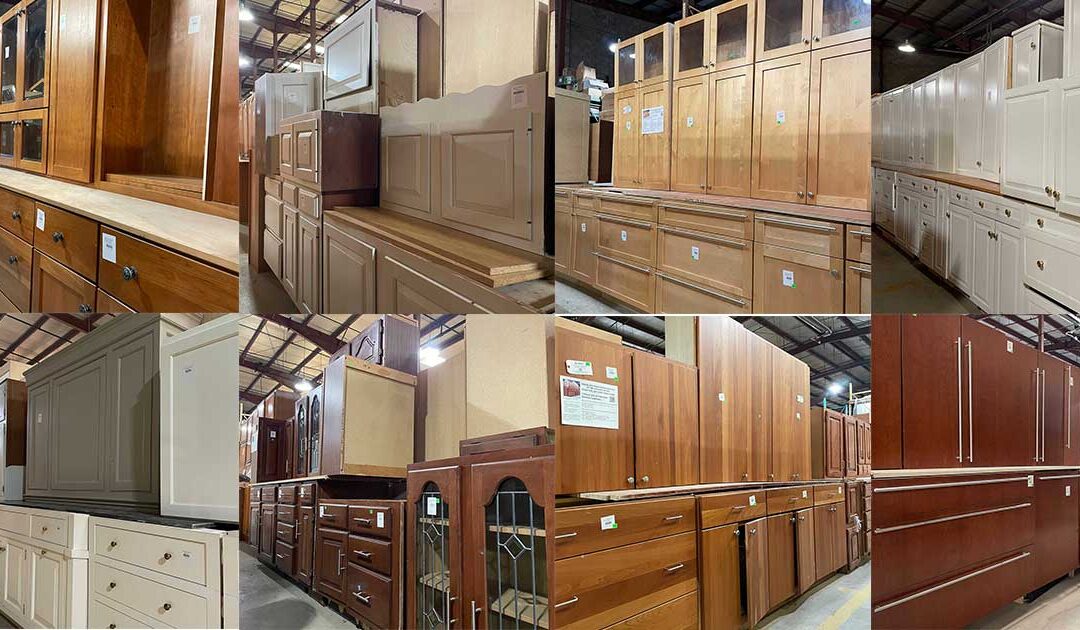 Save 50% on salvaged cabinetry sets, singles, and cabinet doors!