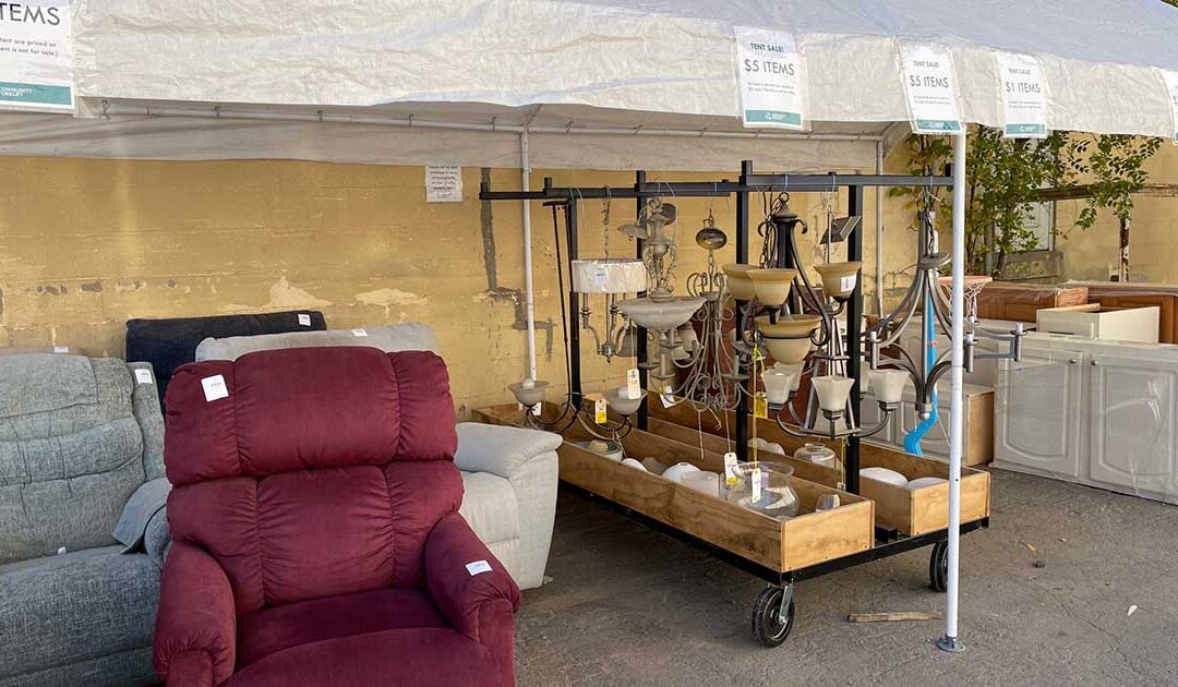 Check the tent: Discount salvaged lighting, furniture, and more!